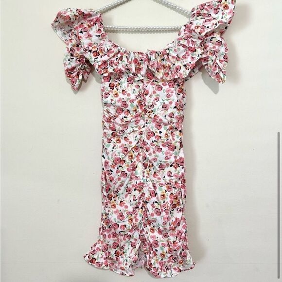 Zara Pink Floral White Ruffled & Ruched Mini Dress SIZE SMALL - Picture 5 of 5